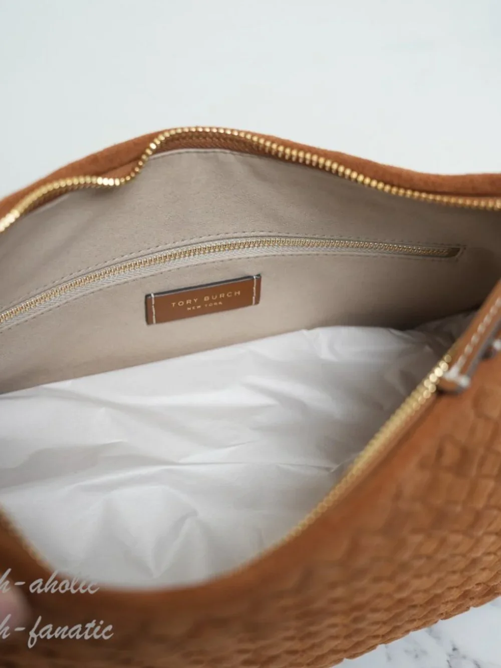 Tory Burch Thea Woven Suede Zip Top Shoulder Bag in Chicory Brown NWT